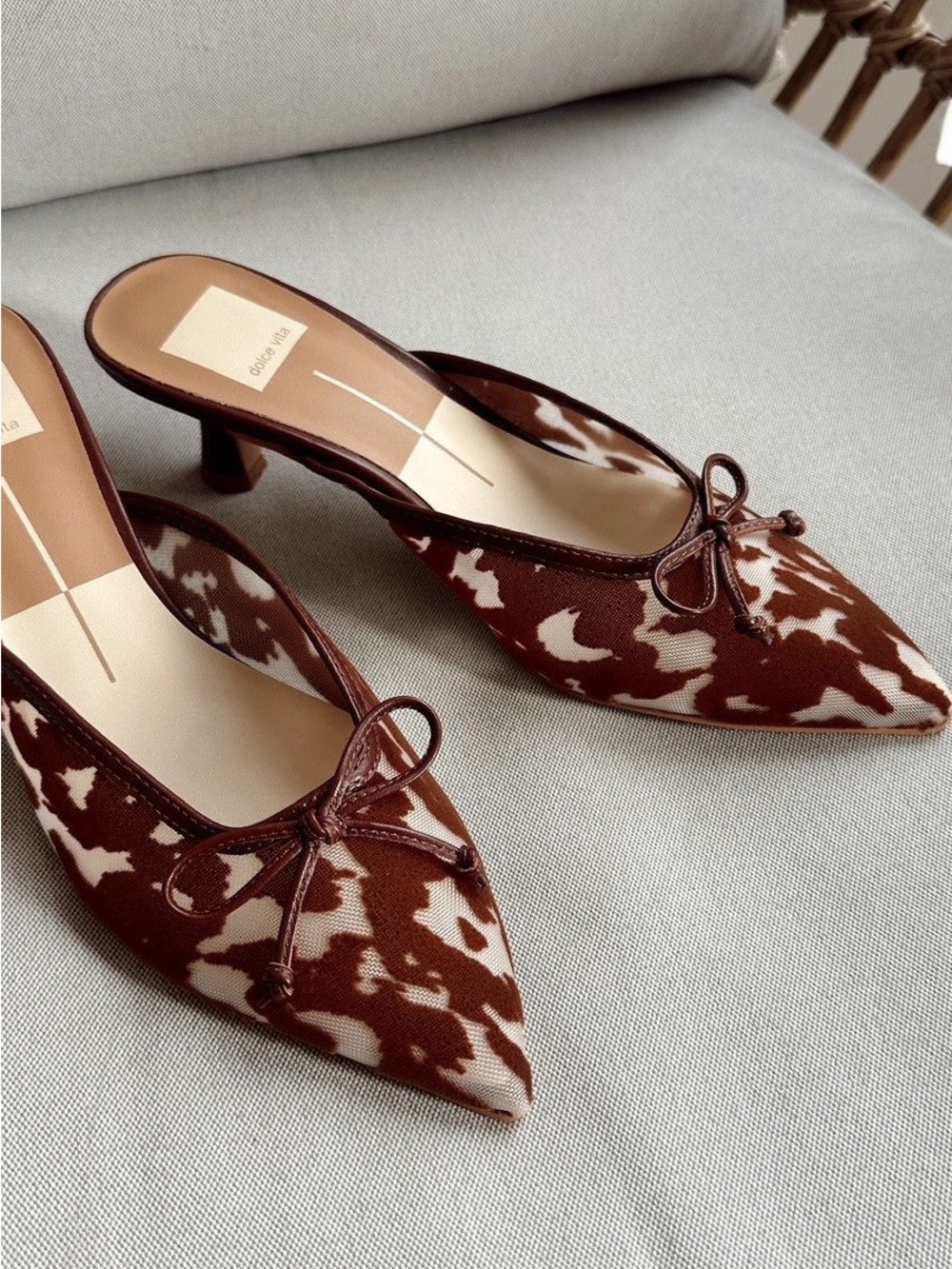 Dolce Vita Brown & Cream Cow-Print Pointed Mule Heels with Bow